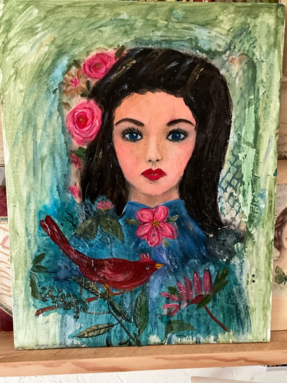 Original Mixed Media Portrait Painting of Woman with Cardinal 10x14 unframed - Picture 2 of 5